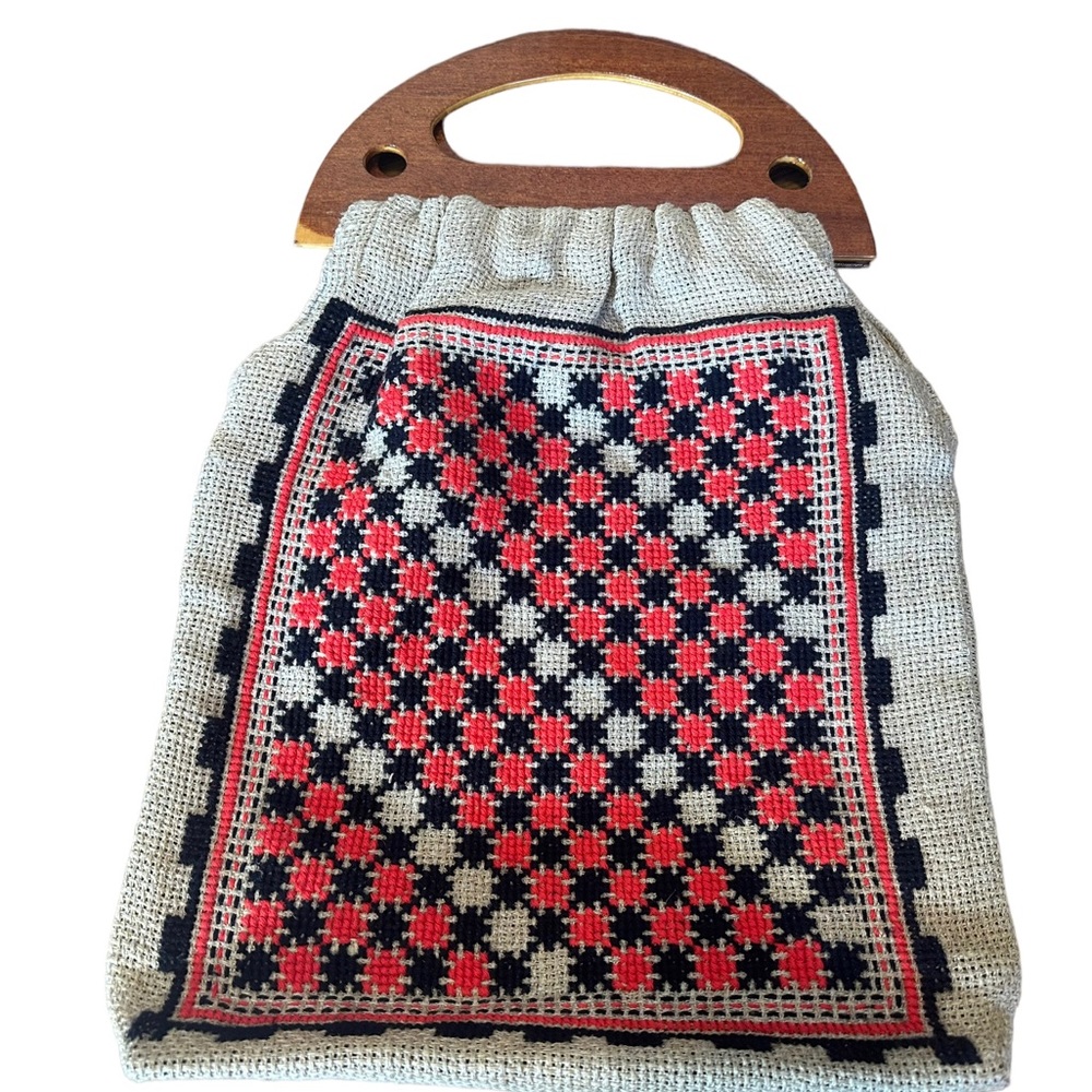 Vintage Burlap Boho Purse Wooden Handles Red Black Checkeed Oversized handbag